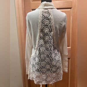 Knox Rose Elegant Boho Cardigan Ivory Waffle Knit & Lace Detail Asymmetrical Sm